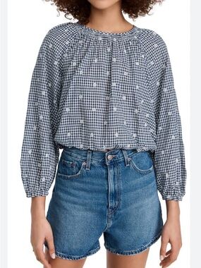Madewell Embroidered Button Back Shirt Navy/White Gingham Balloon Sleeve  Small